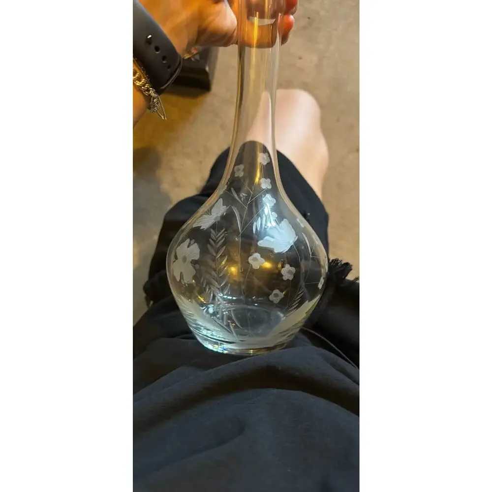 Vintage Excellent Condition Long Necked Etched Floral Design Decanter
